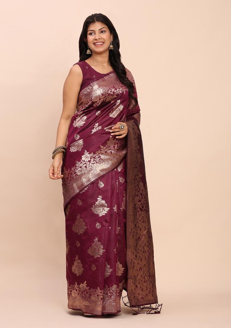 Purple Woven Zari Work Banarasi Silk Saree Set - Indya