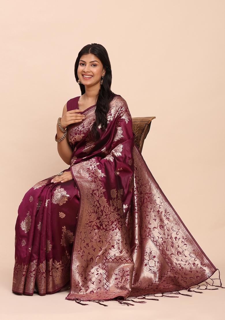 Purple Woven Zari Work Banarasi Silk Saree Set - Indya