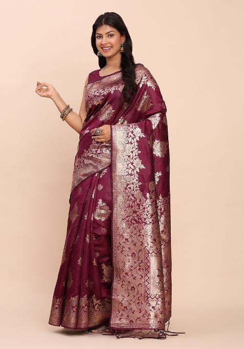 Purple Woven Zari Work Banarasi Silk Blend Saree Set