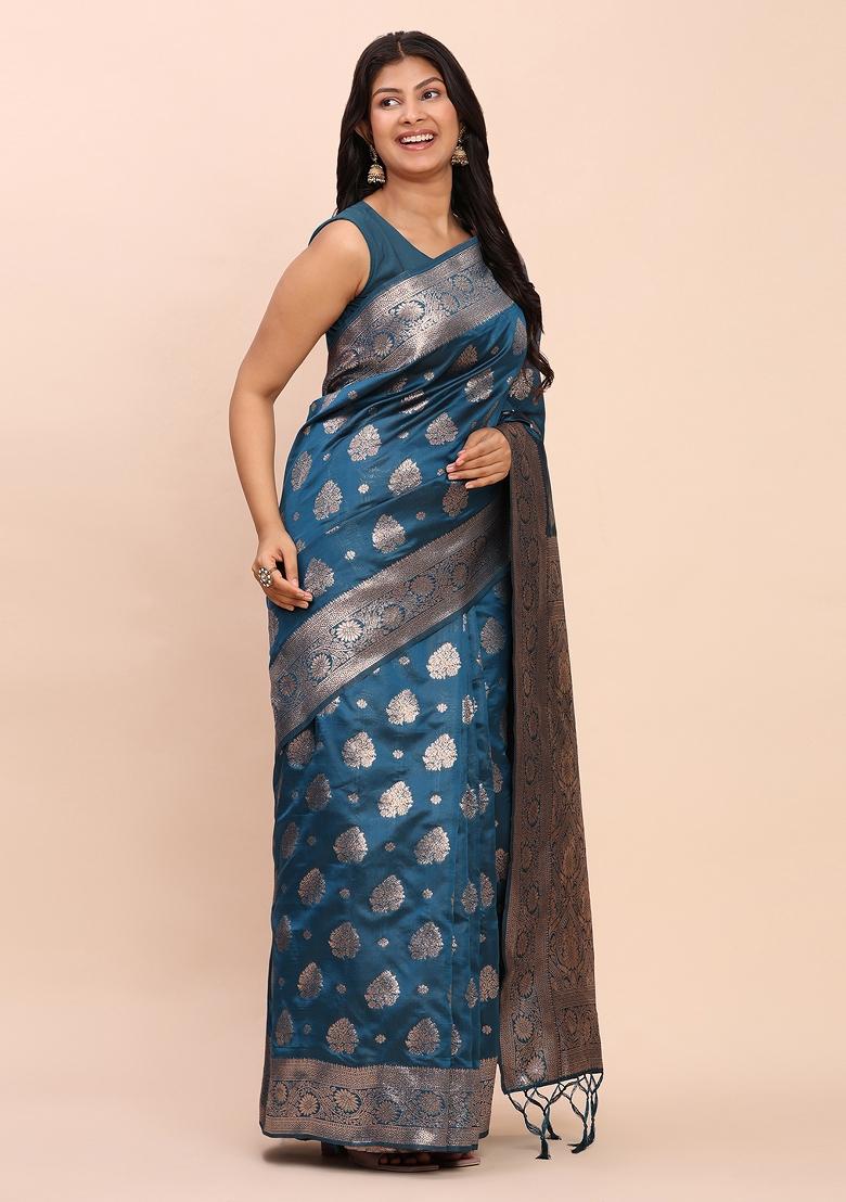 Teal Woven Zari Work Banarasi Silk Saree Set - Indya