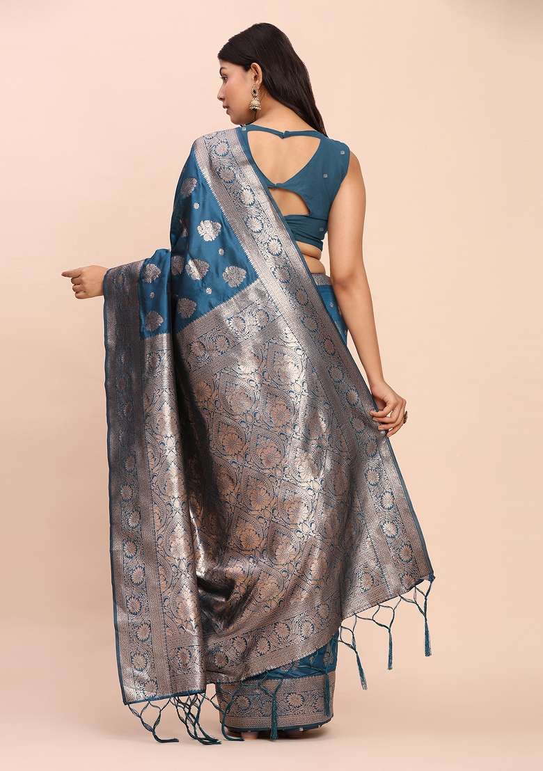 Teal Woven Zari Work Banarasi Silk Blend Saree Set for Diwali and Festive Wear - Indya
