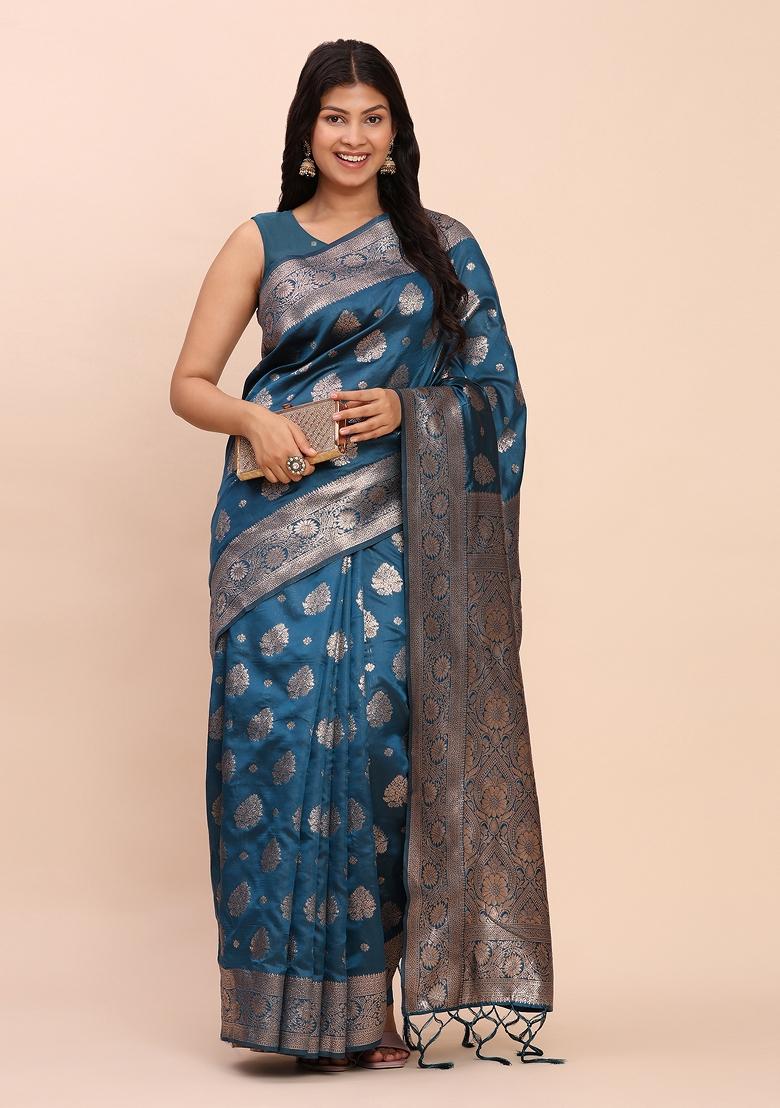 Teal Woven Zari Work Banarasi Silk Saree Set - Indya