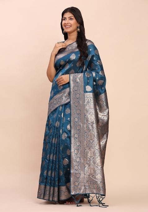Teal Woven Zari Work Banarasi Silk Blend Saree Set