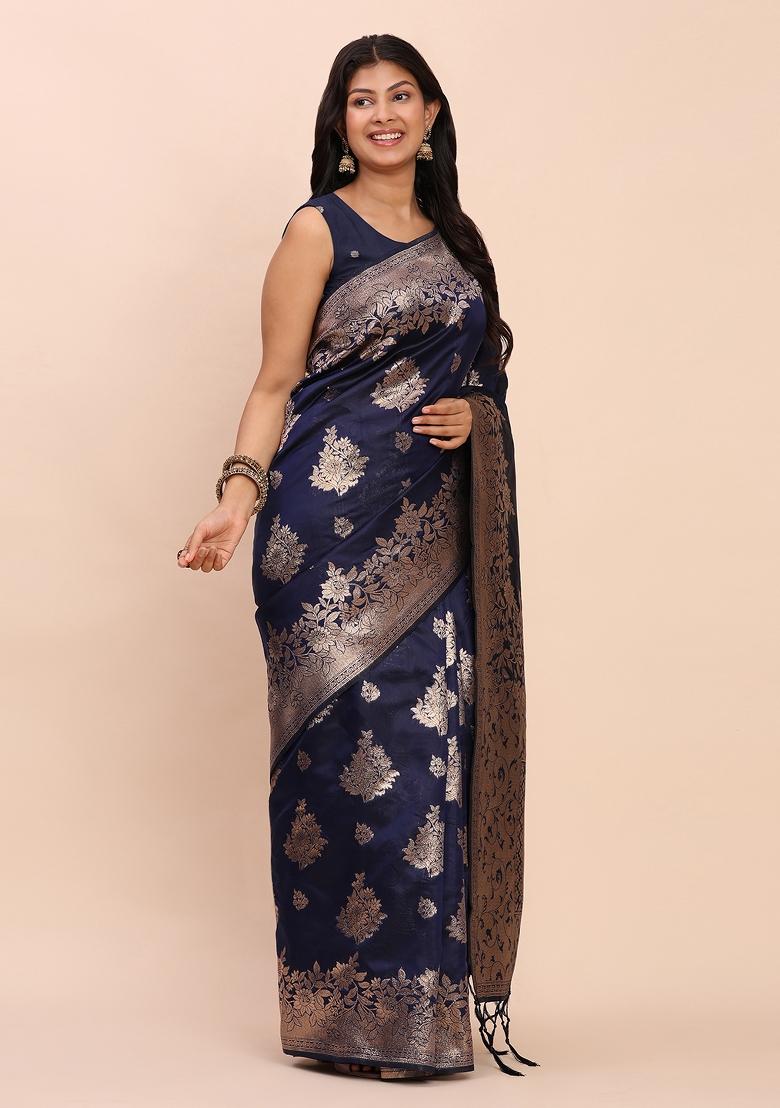Navy Blue Woven Zari Work Banarasi Silk Saree Set - Indya