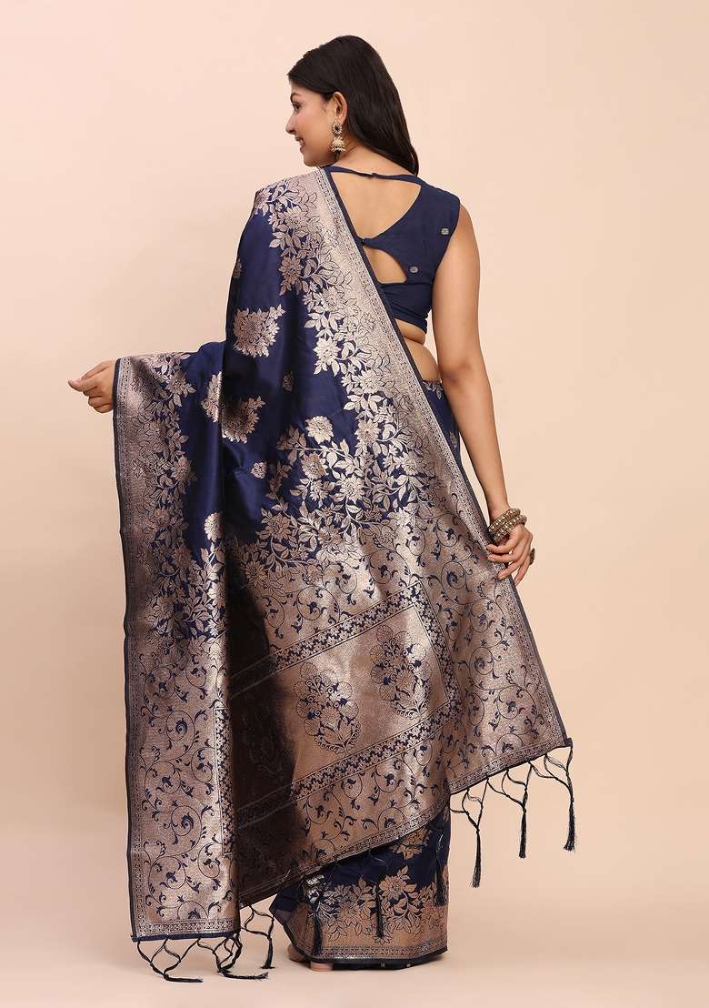 Navy Blue Woven Zari Work Banarasi Silk Blend Saree Set for Diwali and Festive Wear - Indya