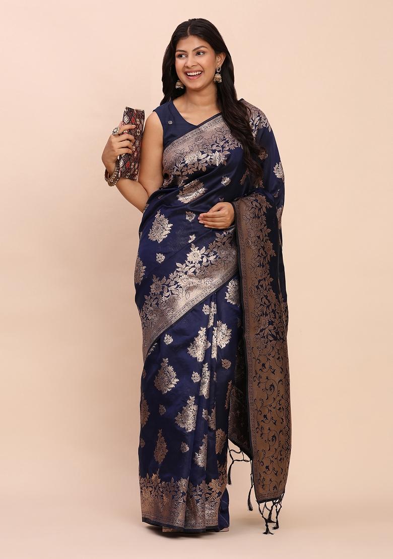 Navy Blue Woven Zari Work Banarasi Silk Saree Set - Indya