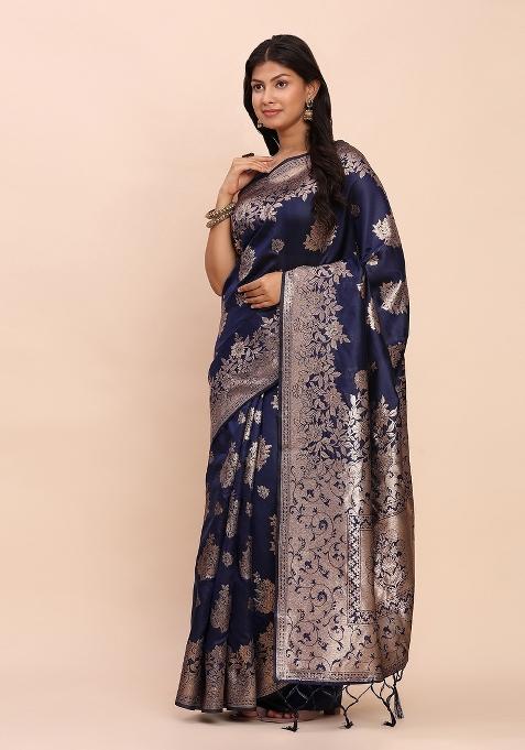 Navy Blue Woven Zari Work Banarasi Silk Blend Saree Set