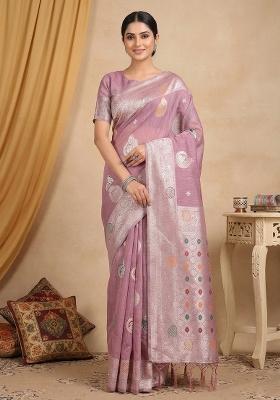 Purple Woven Zari Work Poly Cotton Saree Set