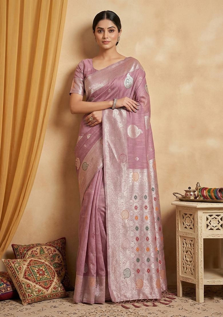 Purple Woven Zari Work Poly Cotton Saree Set - Indya