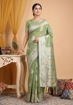 Light Green Woven Zari Work Poly Cotton Saree Set