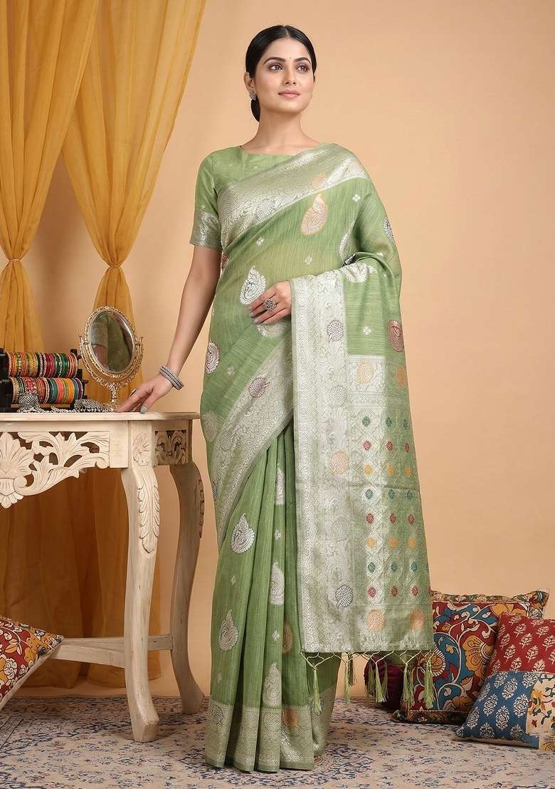 Light Green Woven Zari Work Poly Cotton Saree Set for Diwali and Festive Wear - Indya