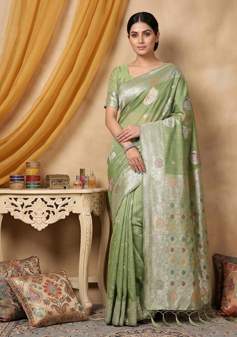 Light Green Woven Zari Work Poly Cotton Saree Set - Indya