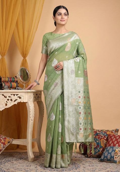 Light Green Woven Zari Work Poly Cotton Saree Set