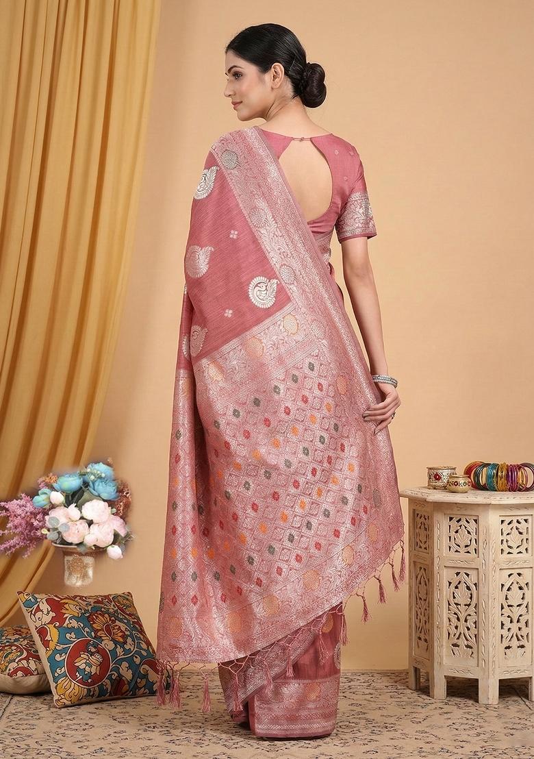 Pink Woven Zari Work Poly Cotton Saree Set - Indya