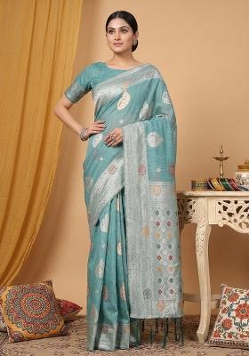 Sea Green Woven Zari Work Poly Cotton Saree Set