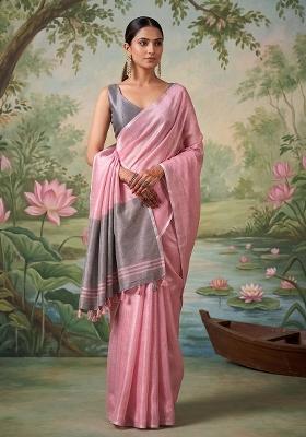 Rose Pink And Grey Woven Zari Work Tissue Silk Saree Set