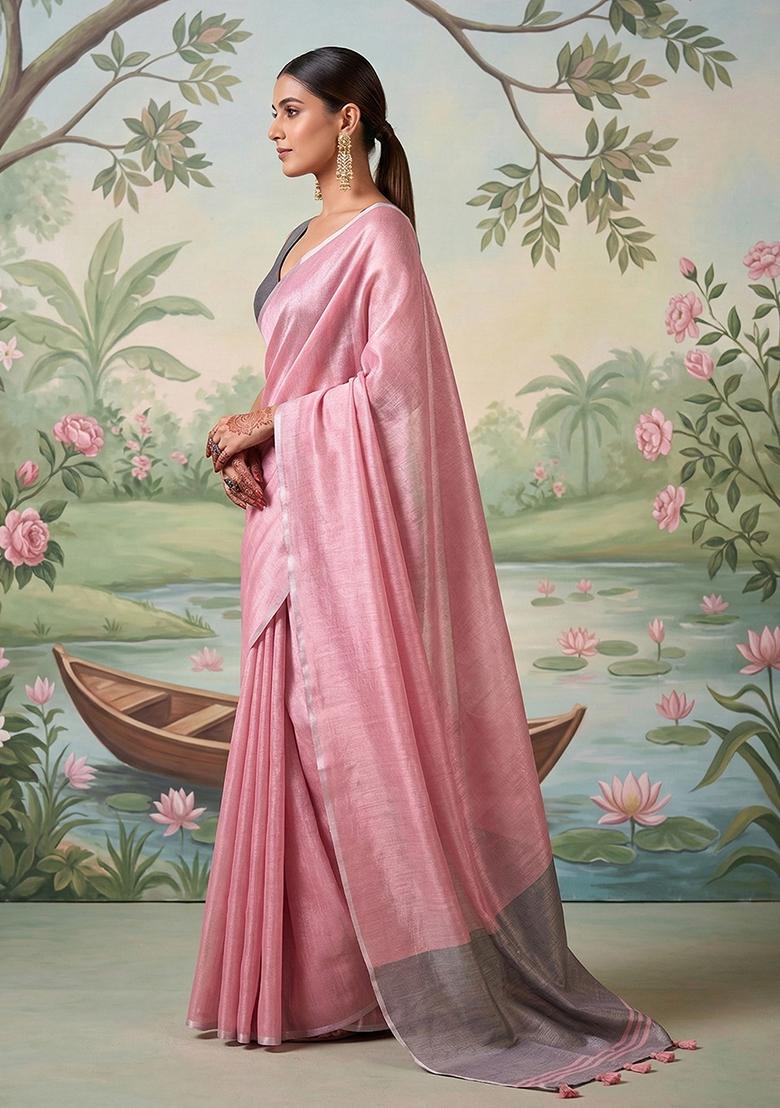 Rose Pink And Grey Woven Zari Work Tissue Silk Saree Set - Indya