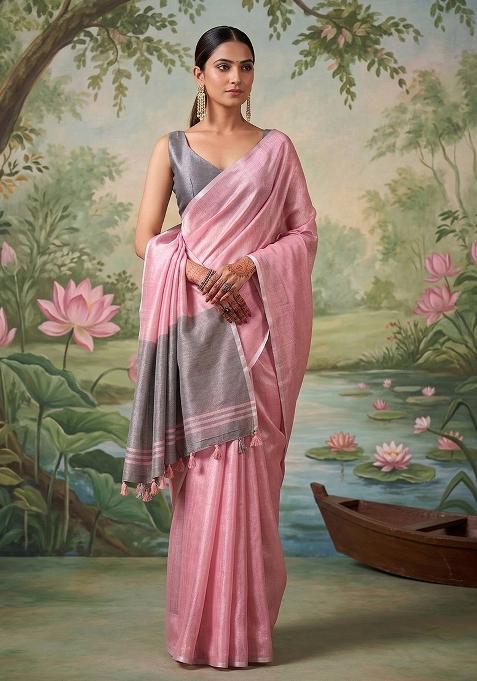 Rose Pink And Grey Woven Zari Work Tissue Silk Blend Saree Set