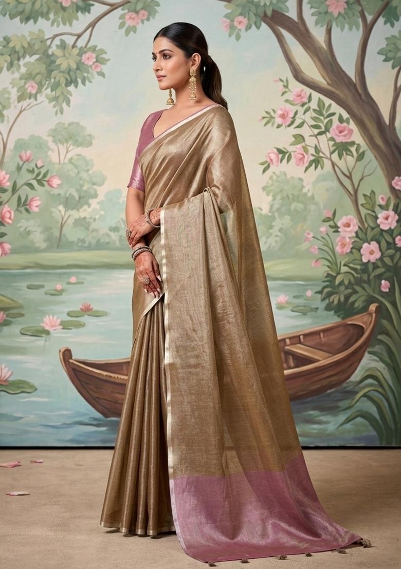 Gold And Mauve Pink Woven Zari Work Tissue Silk Saree Set - Indya