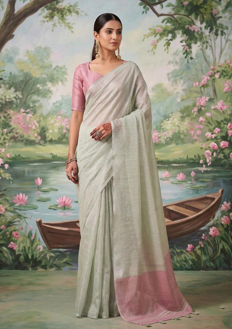 Pastel Green And Pink Woven Zari Work Tissue Silk Saree Set - Indya