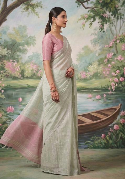 Pastel Green And Pink Woven Zari Work Tissue Silk Blend Saree Set