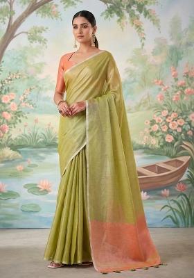 Mehendi Green And Peach Woven Zari Work Tissue Silk Saree Set