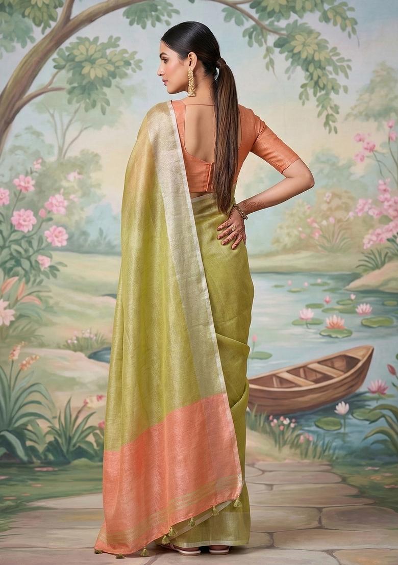 Mehendi Green And Peach Woven Zari Work Tissue Silk Saree Set - Indya