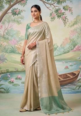 Beige Gold And Green Woven Zari Work Tissue Silk Saree Set