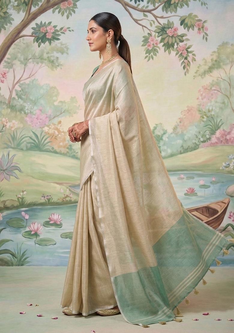 Beige Gold And Green Woven Zari Work Tissue Silk Saree Set - Indya