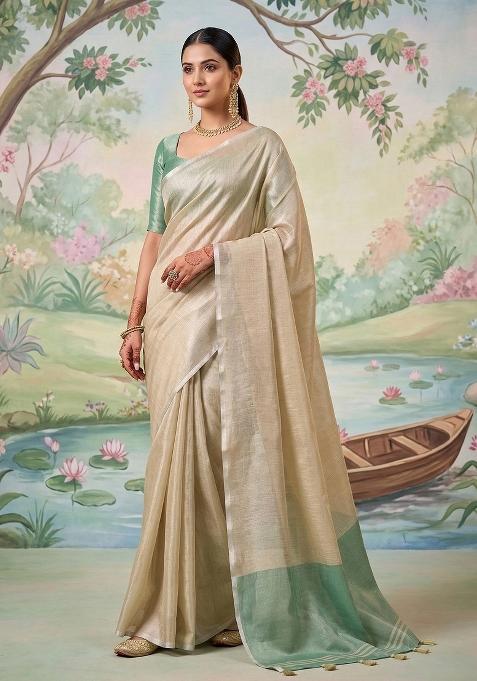 Beige Gold And Green Woven Zari Work Tissue Silk Blend Saree Set