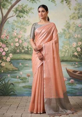Peach And Grey Woven Zari Work Tissue Silk Saree Set