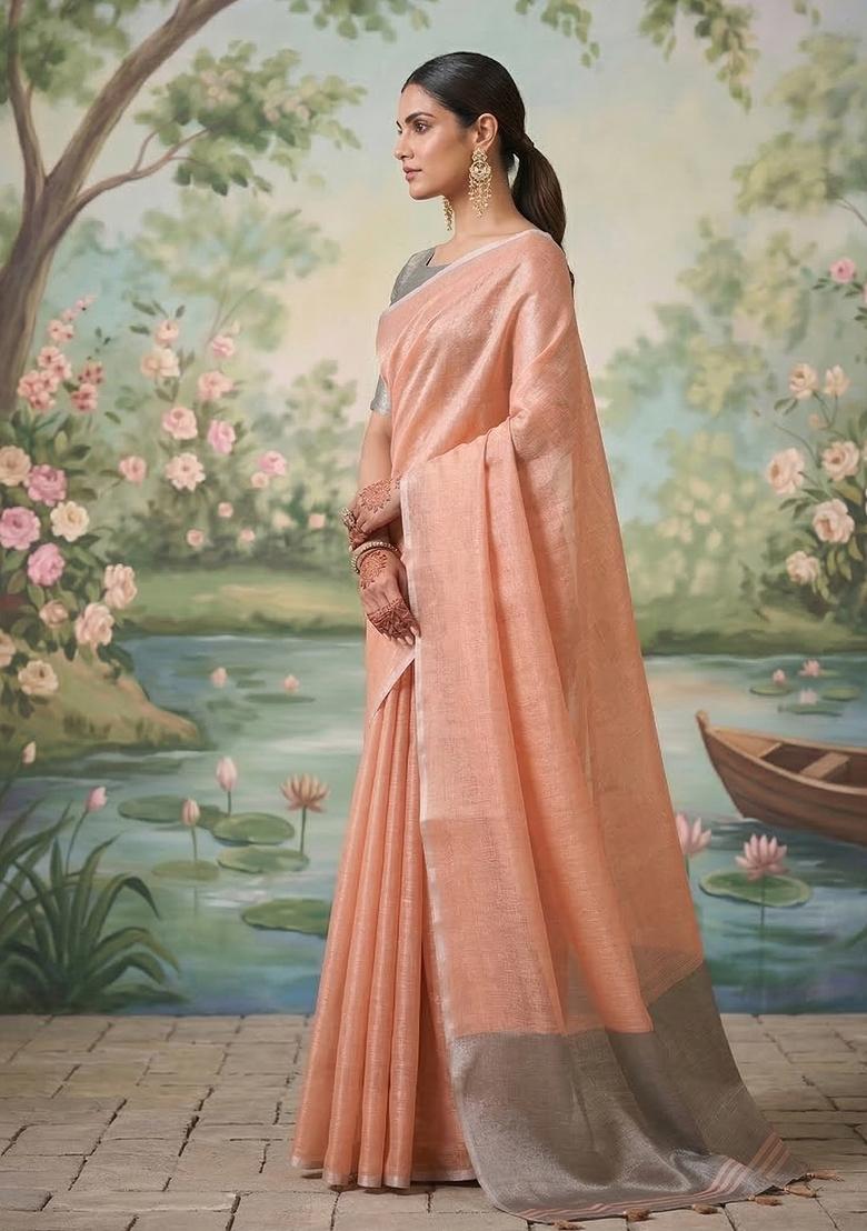 Peach And Grey Woven Zari Work Tissue Silk Saree Set - Indya
