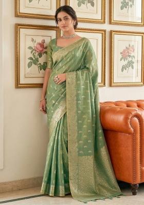 Mehendi Green Woven Zari Work Tissue Silk Saree Set