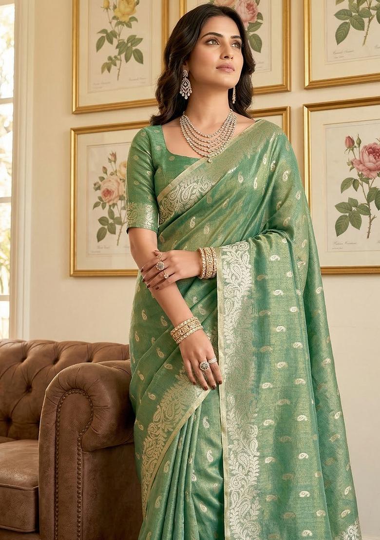 Mehendi Green Woven Zari Work Tissue Silk Saree Set - Indya