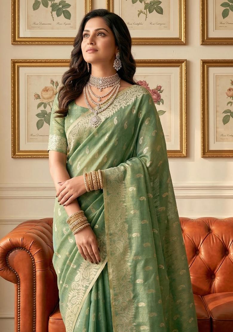 Mehendi Green Woven Zari Work Tissue Silk Saree Set - Indya