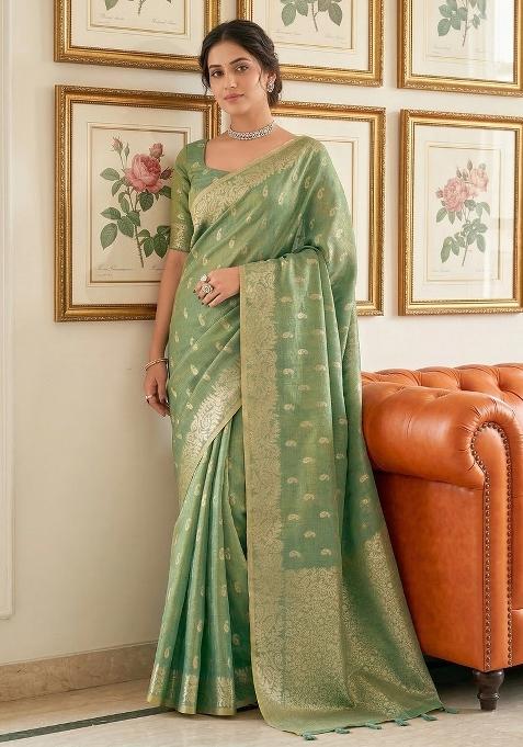 Mehendi Green Woven Zari Work Tissue Silk Saree Set