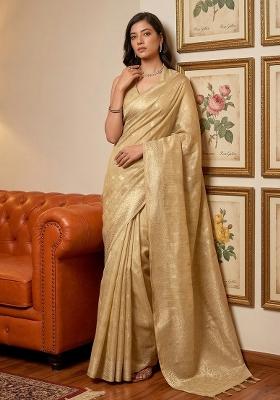 Beige Gold Woven Zari Work Tissue Silk Saree Set