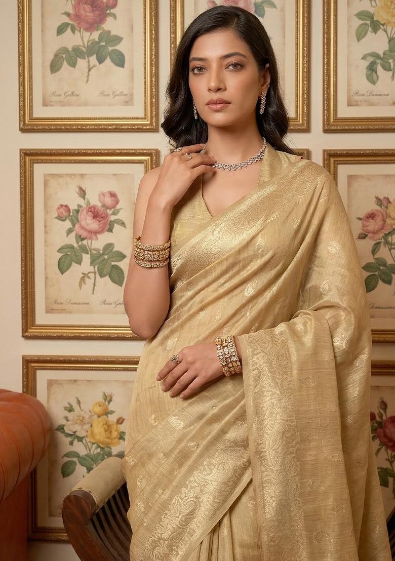 Beige Gold Woven Zari Work Tissue Silk Saree Set - Indya