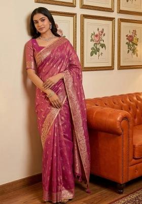 Rani Pink Woven Zari Work Tissue Silk Saree Set