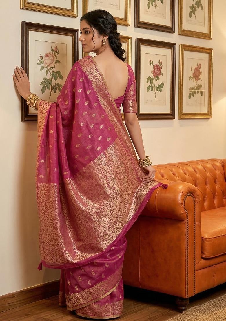 Rani Pink Woven Zari Work Tissue Silk Saree Set - Indya
