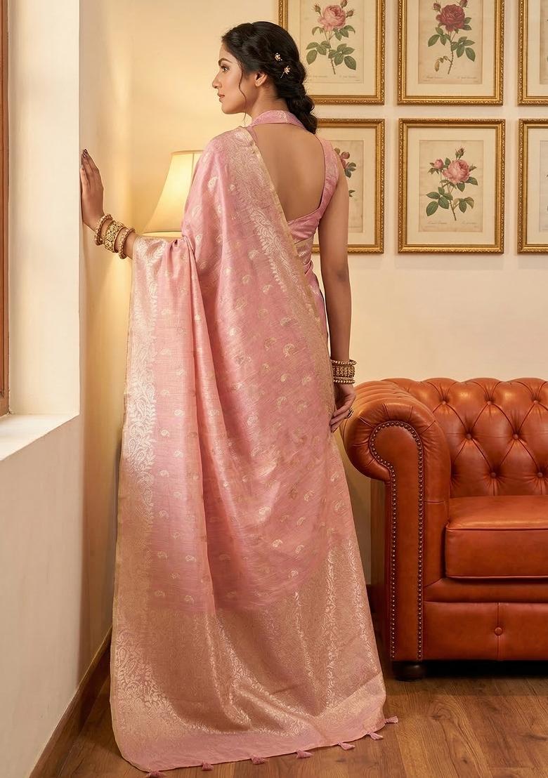 Rose Pink Woven Zari Work Tissue Silk Saree Set - Indya
