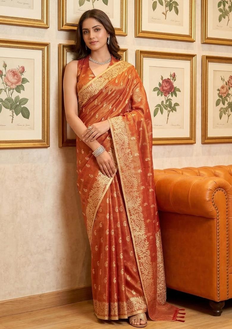 Red Woven Zari Work Tissue Silk Saree Set - Indya