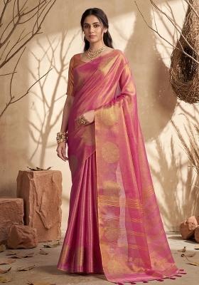 Rose Pink Woven Zari Work Tissue Silk Saree Set