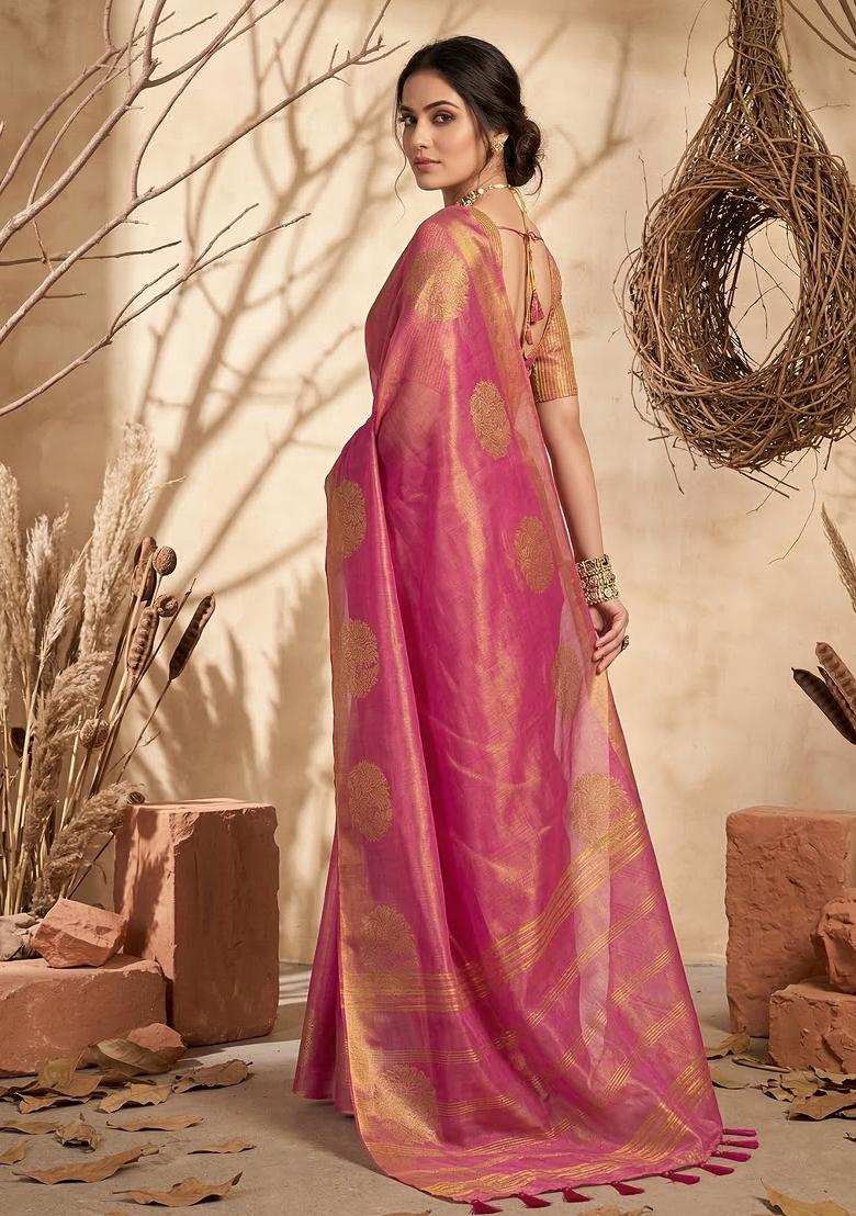 Rose Pink Woven Zari Work Tissue Silk Saree Set - Indya