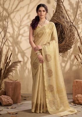 Cream Woven Zari Work Tissue Silk Saree Set