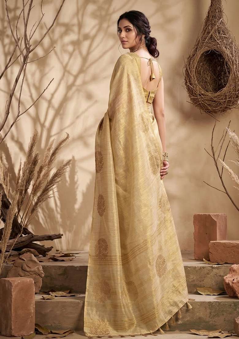 Cream Woven Zari Work Tissue Silk Blend Saree Set - Indya