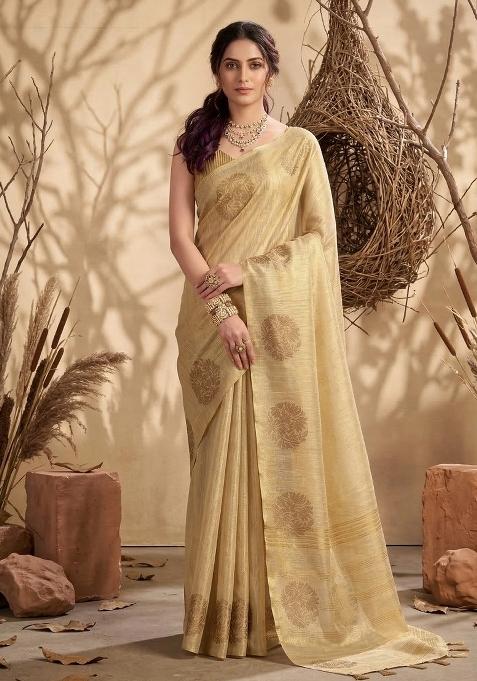 Cream Woven Zari Work Tissue Silk Blend Saree Set