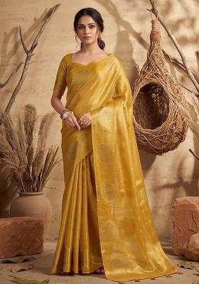 Mustard Woven Zari Work Tissue Silk Saree Set