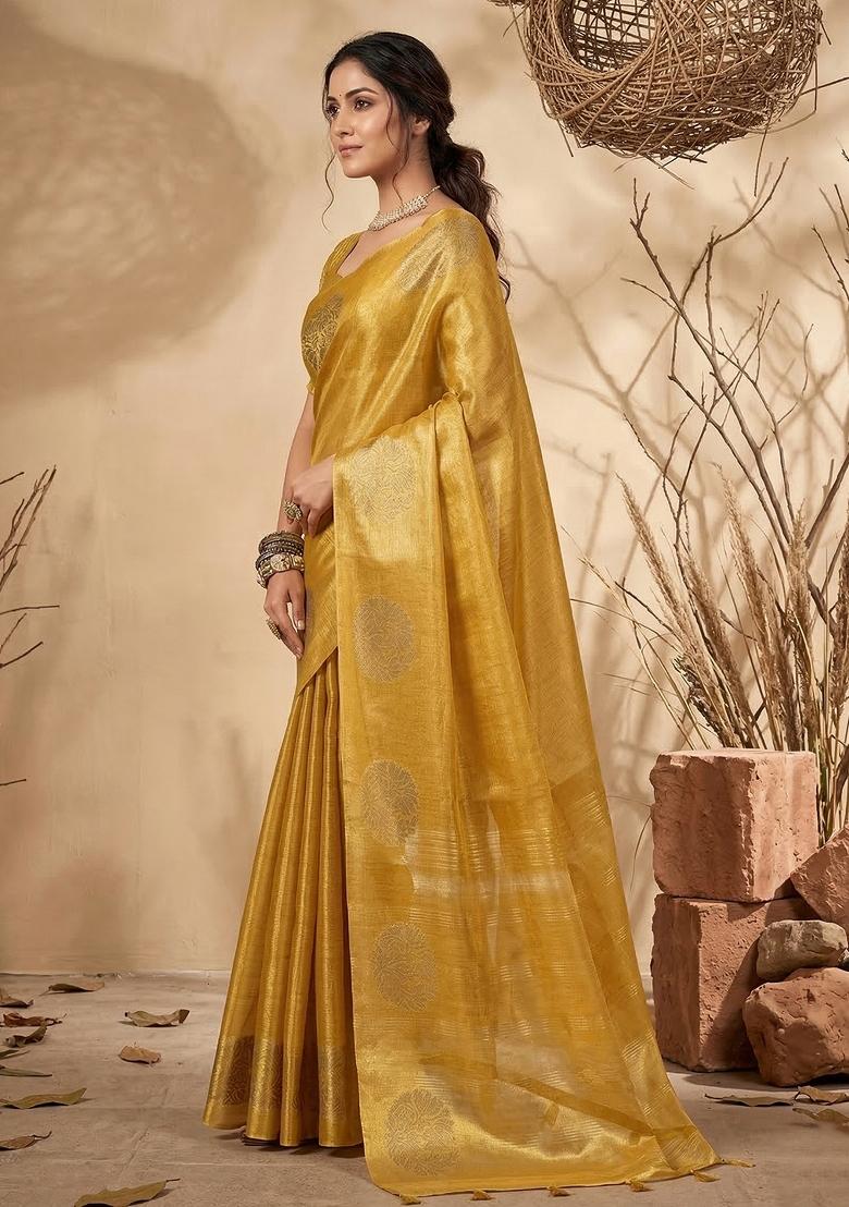 Mustard Woven Zari Work Tissue Silk Saree Set - Indya