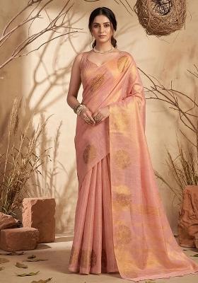 Peach Woven Zari Work Tissue Silk Saree Set